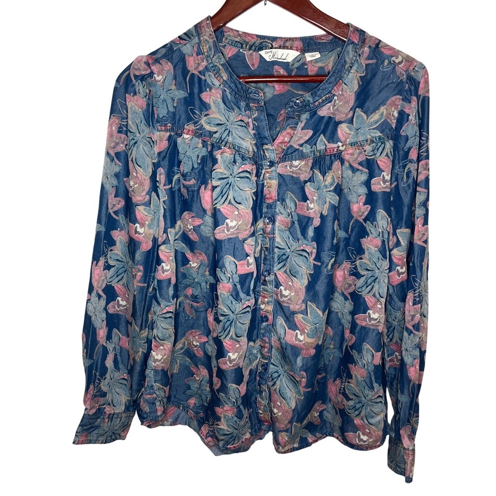 Caffe‎ Marrakesh Womens Floral Lyocell Button Down Blouse Blue Pink Small